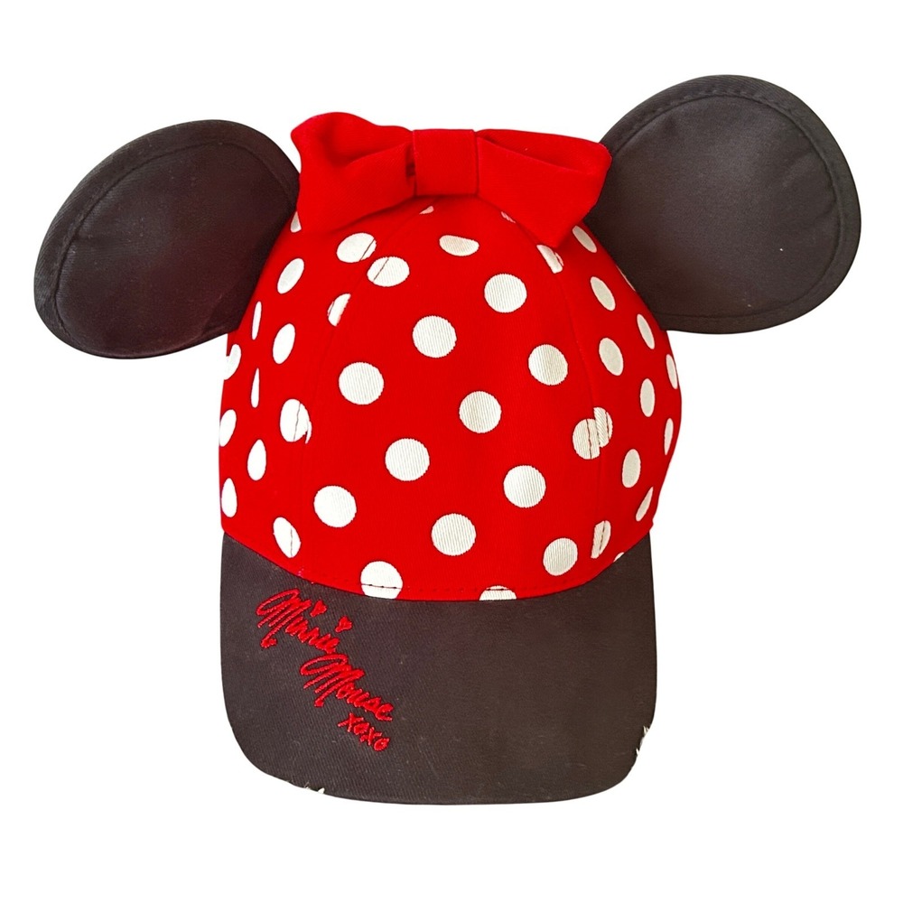 Disney Parks Minnie Mouse Polka Dot Ears Bow Snapback Hat Youth Red White Black - Picture 2 of 7
